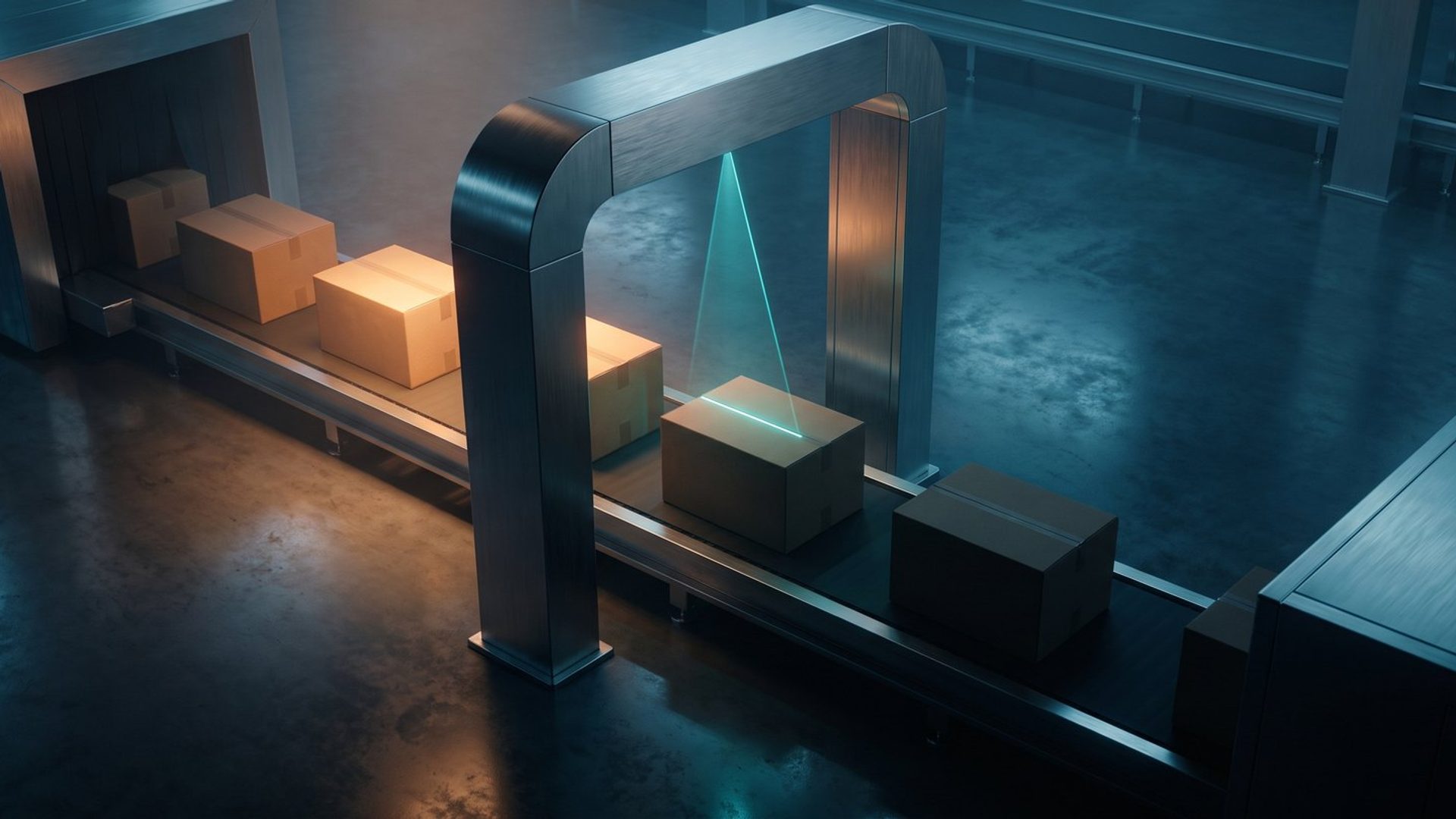 Cardboard parcels riding a conveyor belt through a metal scanner gate in a dim teal warehouse, one carton lit by the scan beam.
