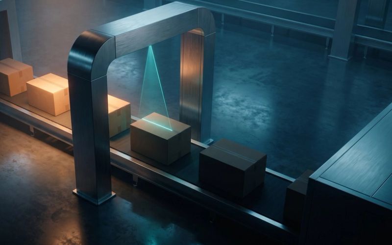 Cardboard parcels riding a conveyor belt through a metal scanner gate in a dim teal warehouse, one carton lit by the scan beam.