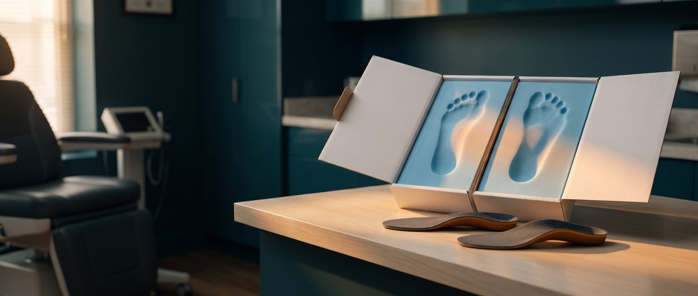 An open foam impression box with two bare-foot impressions in blue casting foam and a finished pair of custom orthotics on a podiatry office counter