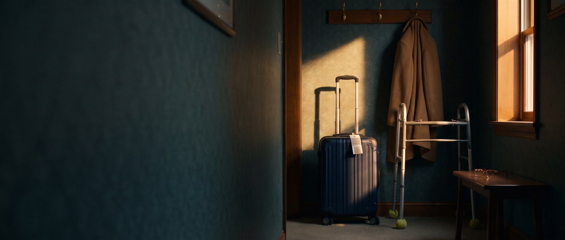 A navy carry-on suitcase with an airline bag tag parked inside an older parent's front hallway, beside a folding walker, a coat on a wall hook and reading glasses on a bench