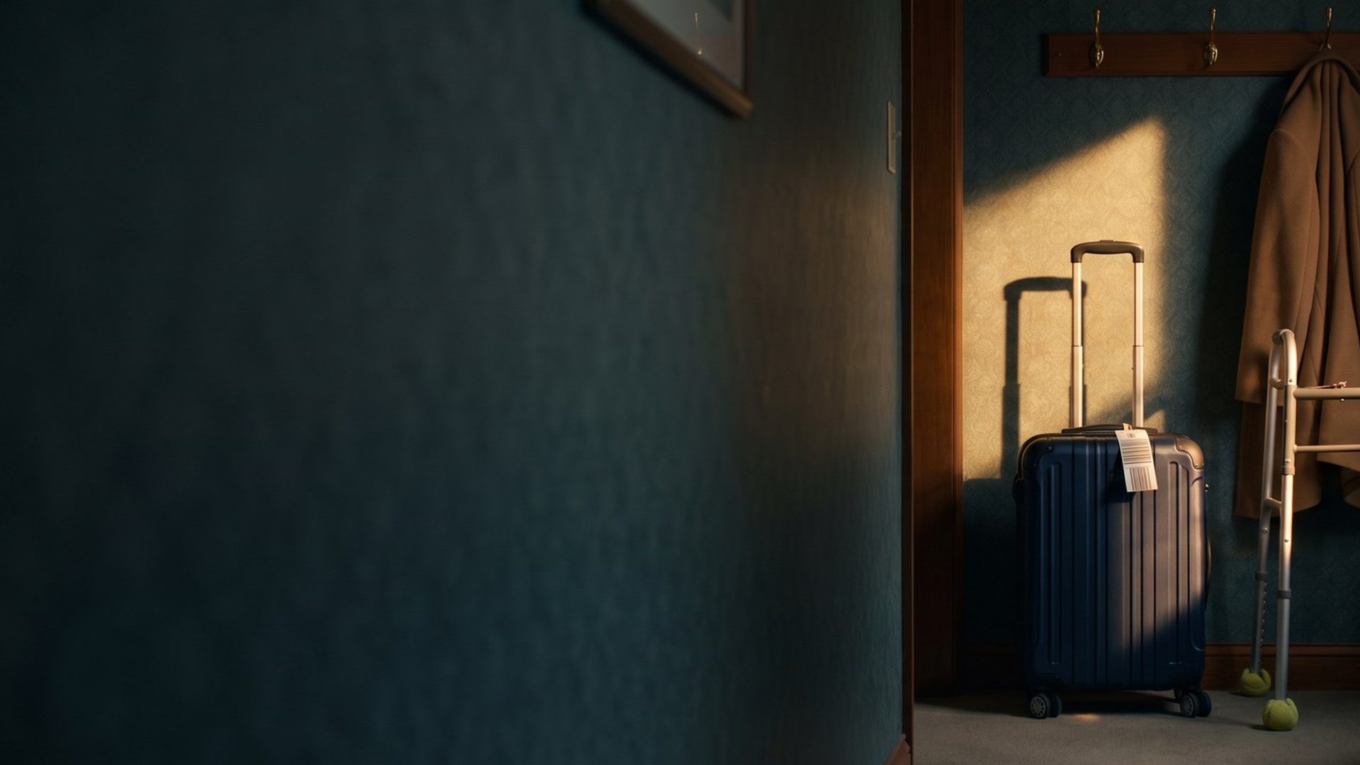 A navy carry-on suitcase with an airline bag tag parked inside an older parent's front hallway, beside a folding walker, a coat on a wall hook and reading glasses on a bench