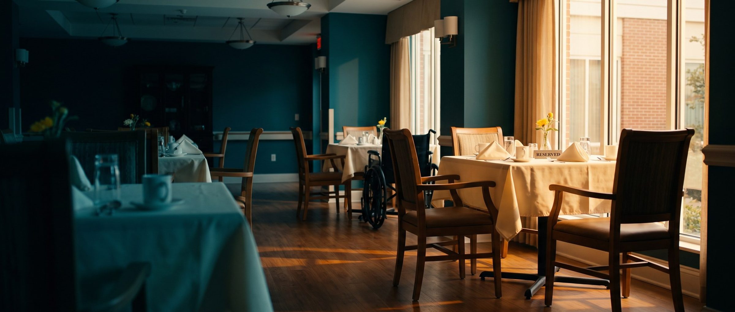 A nursing home dining room in morning light, the table by the tall window lit amber and set for a meal with a small reserved card, a yellow flower in a bud vase and folded napkins, while the rest of the room sits in cool shade