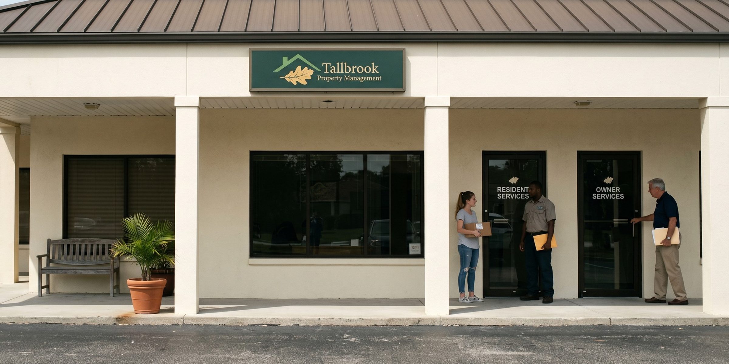 A Tallbrook Property Management storefront with two glass doors labeled Resident Services and Owner Services, two residents waiting at one door while a gray-haired owner with a folder opens the other