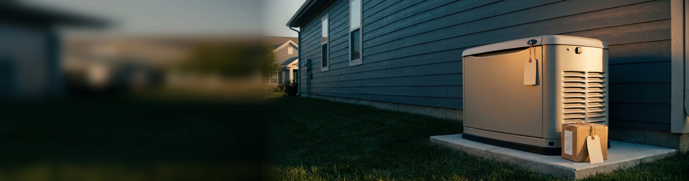 A home standby generator on its concrete pad beside a house at golden hour, a blank job tag on its lid and a matching tag on a small boxed outlet at the edge of the pad