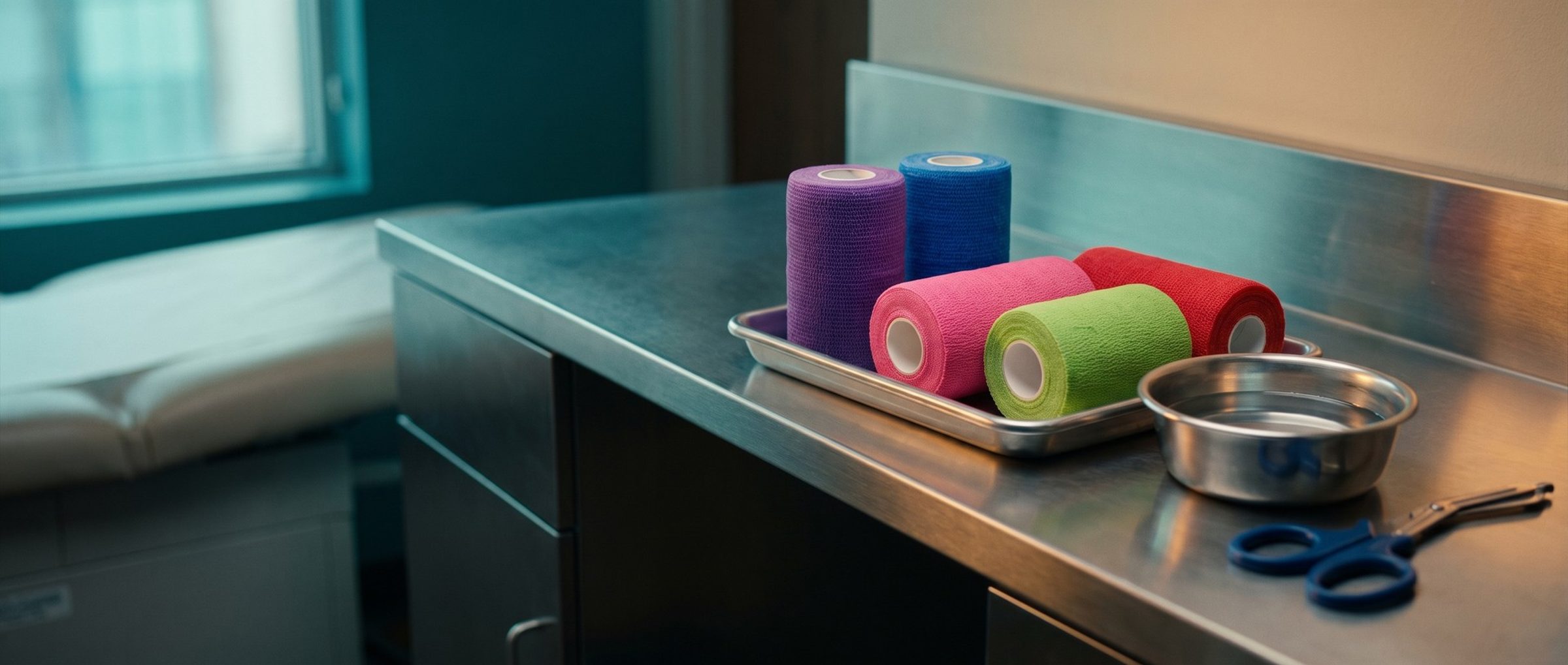 Five rolls of knit casting tape in purple, blue, pink, lime and red on a stainless tray beside a small basin of water and blue-handled trauma shears on a clinic counter, an exam table soft in the background