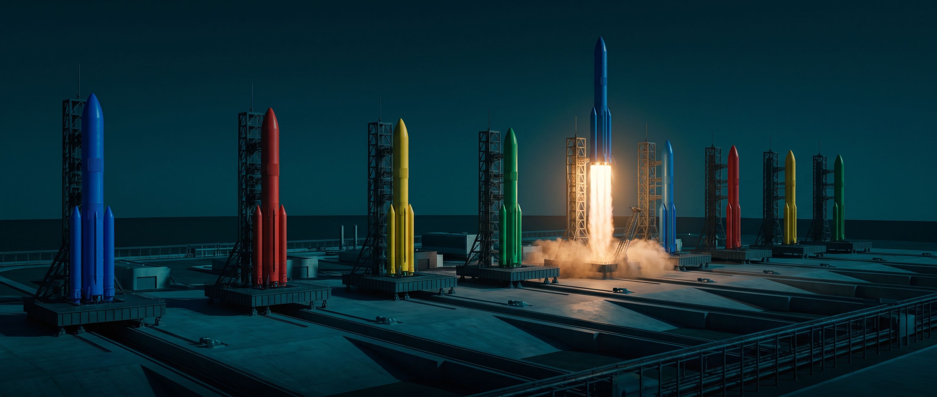 Eight rockets in Google's blue, red, yellow and green stand on their launch pads at dusk; exactly one has ignited and is climbing on a column of amber flame