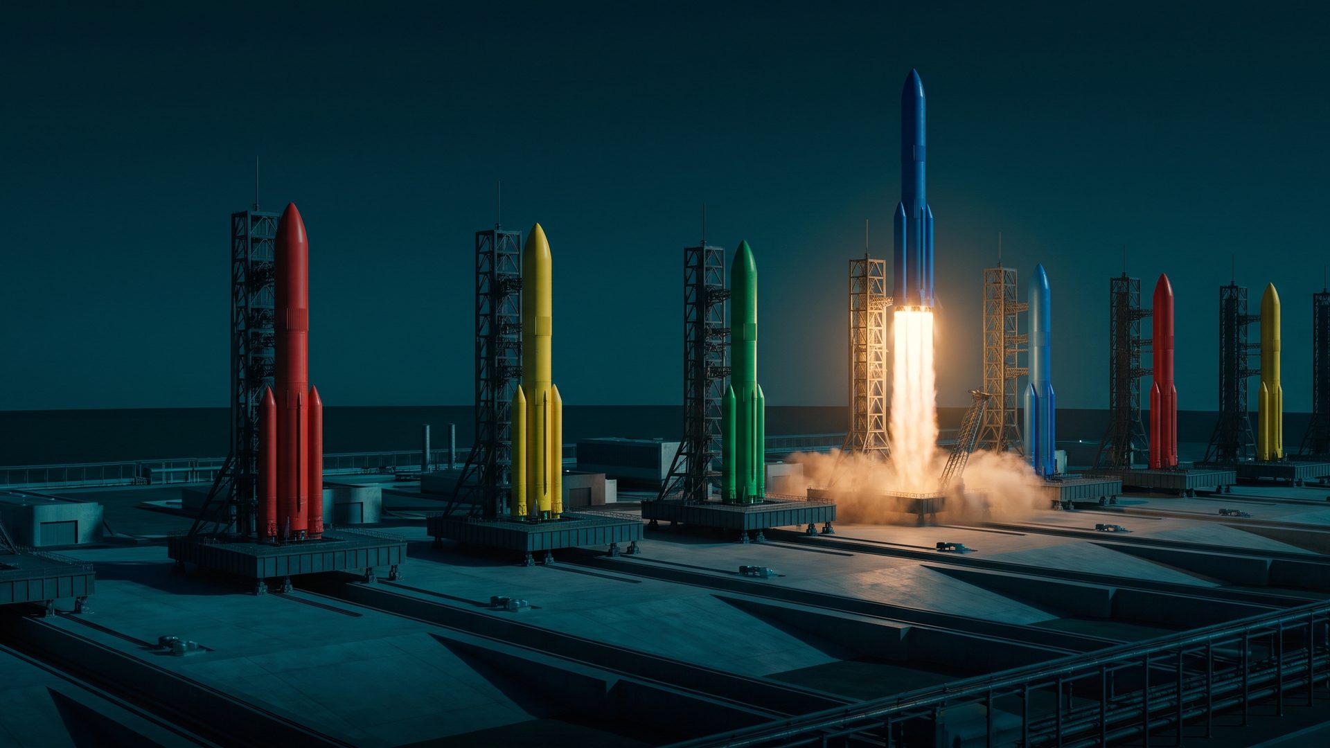 Eight rockets in Google's blue, red, yellow and green stand on their launch pads at dusk; exactly one has ignited and is climbing on a column of amber flame