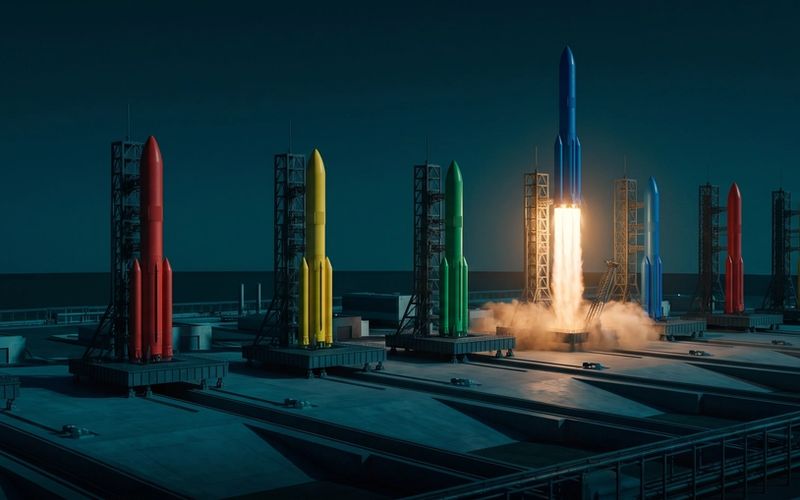 Eight rockets in Google's blue, red, yellow and green stand on their launch pads at dusk; exactly one has ignited and is climbing on a column of amber flame