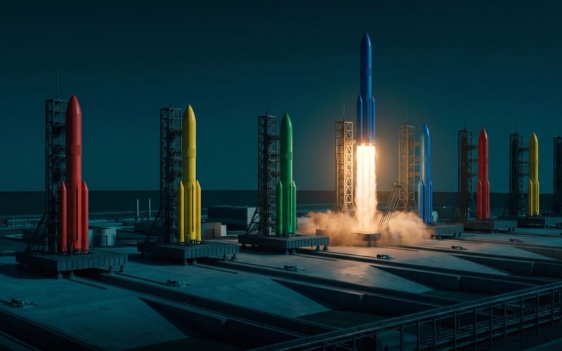 Eight rockets in Google's blue, red, yellow and green stand on their launch pads at dusk; exactly one has ignited and is climbing on a column of amber flame