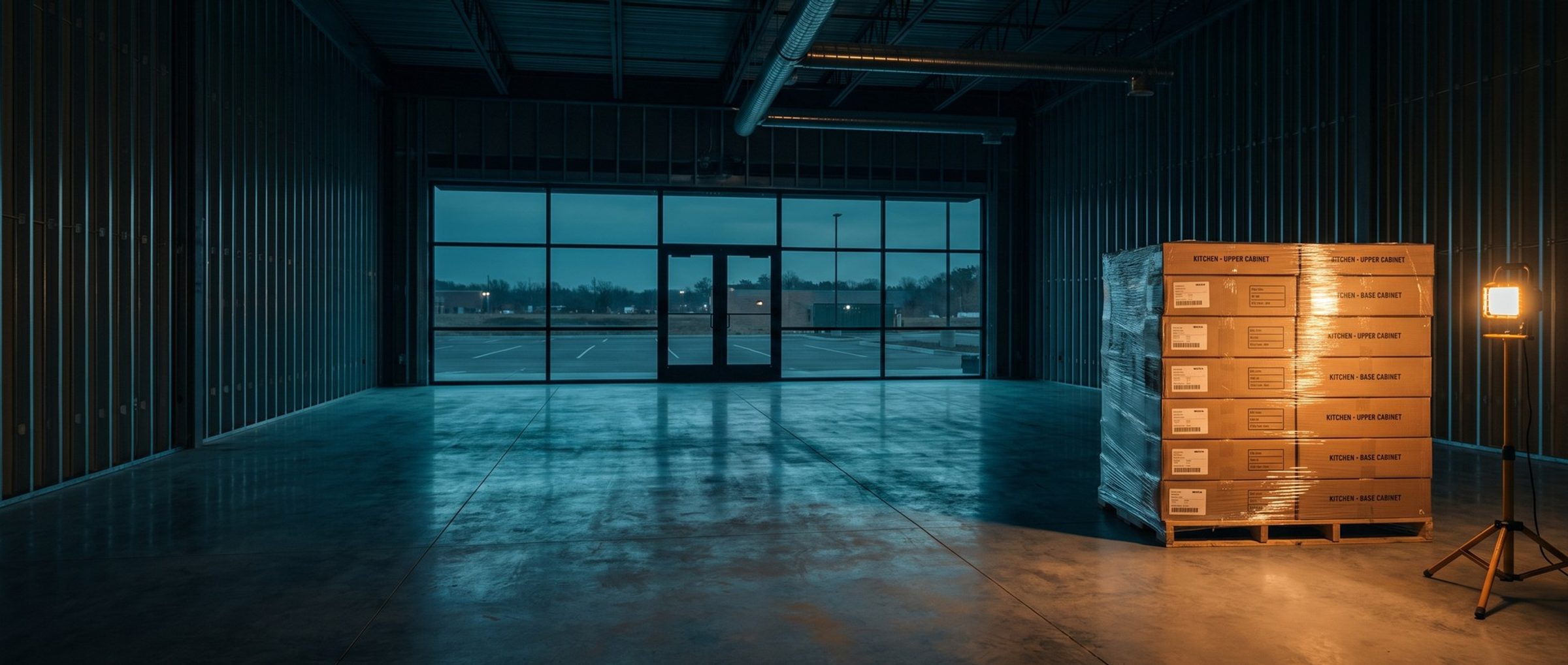 A plastic-wrapped pallet of boxed kitchen cabinets lit by a work light inside an empty commercial storefront under construction at dusk