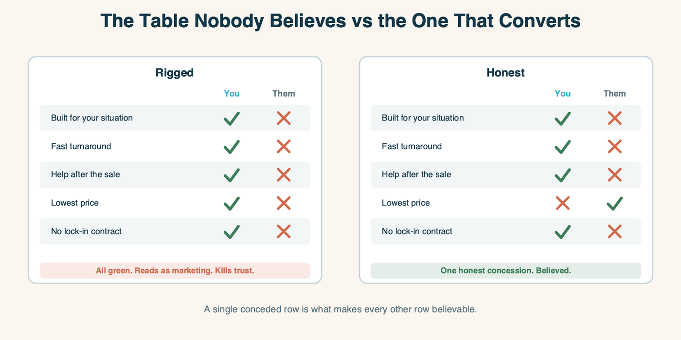 Two comparison tables side by side: a rigged all-green table where you win every row, which reads as marketing and kills trust, versus an honest table that concedes the lowest-price row to the competitor and is believed.