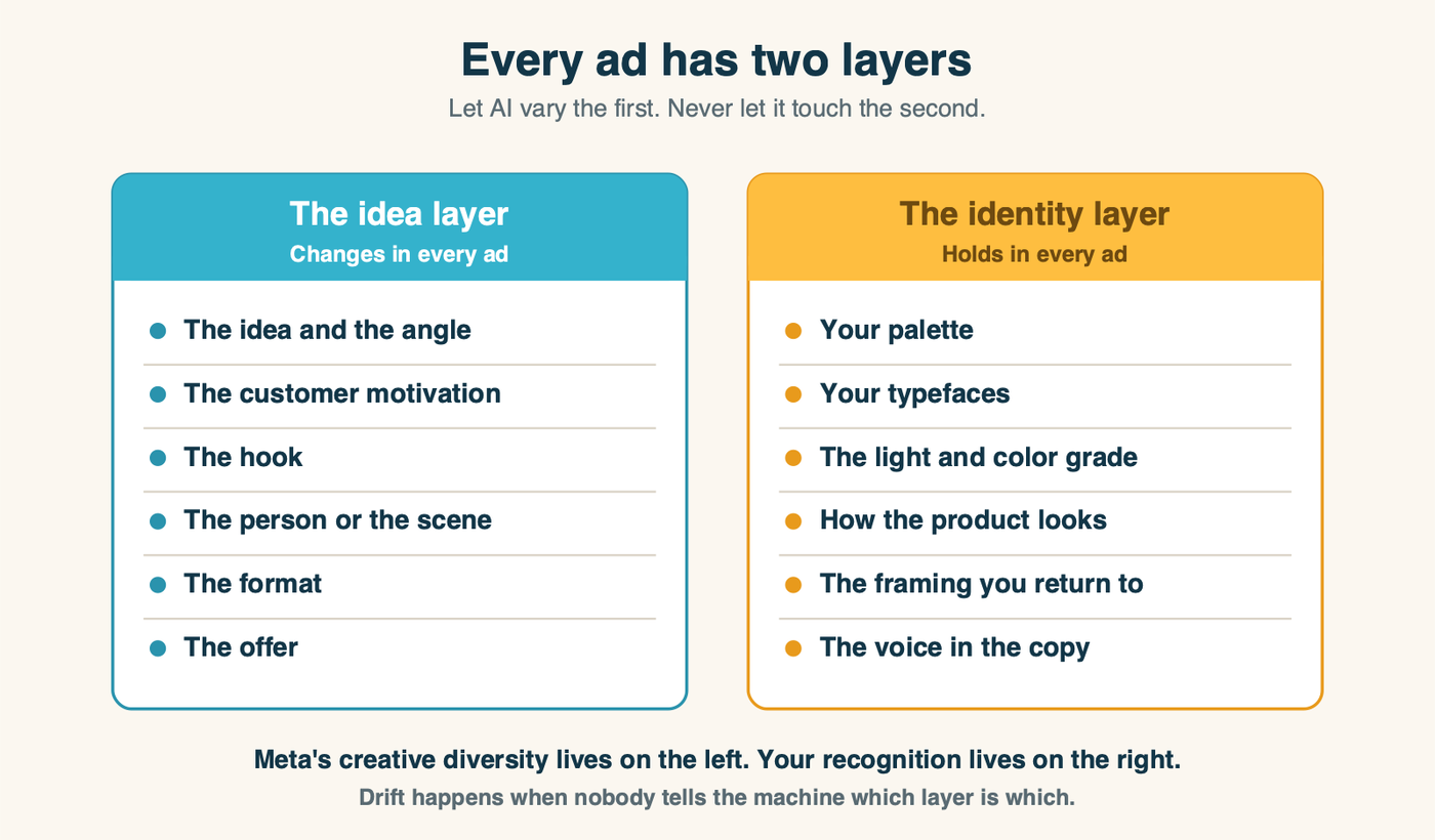Two-column chart: what changes from ad to ad (idea, angle, motivation, hook, person, scene, format, offer) versus what holds in every ad (palette, typefaces, light and grade, the product, framing, voice)