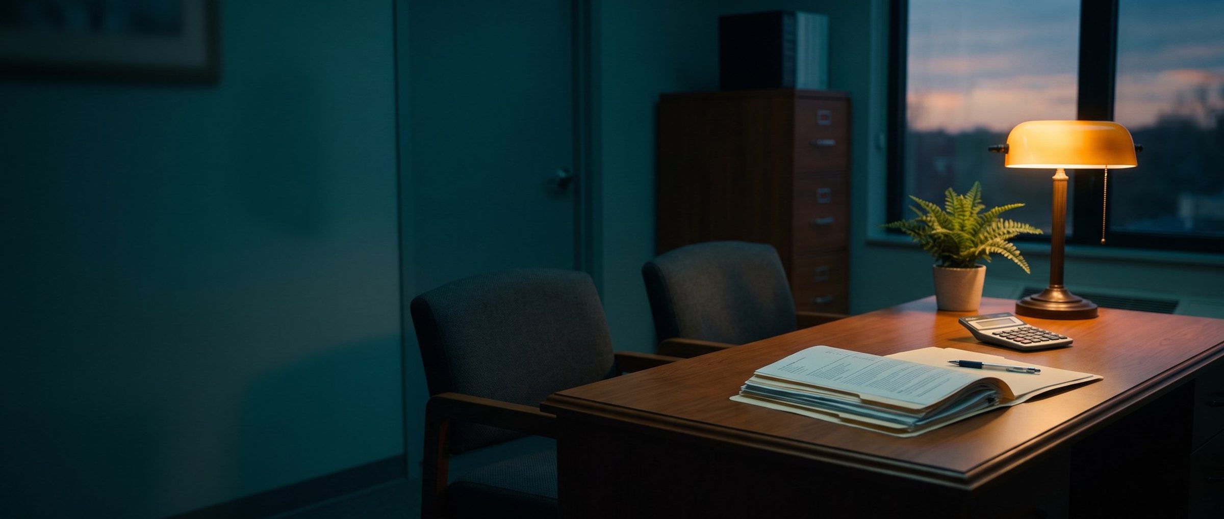 A nursing home business office at dusk: an open folder of papers under a green-glass desk lamp with a pen and a calculator, two empty visitor chairs pulled up to the desk