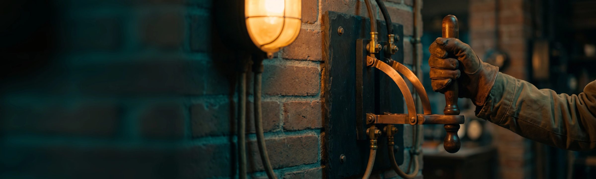 A leather-gloved hand gripping the wooden handle of a heavy copper switch on a slate panel, mounted on a brick wall under a caged amber work lamp