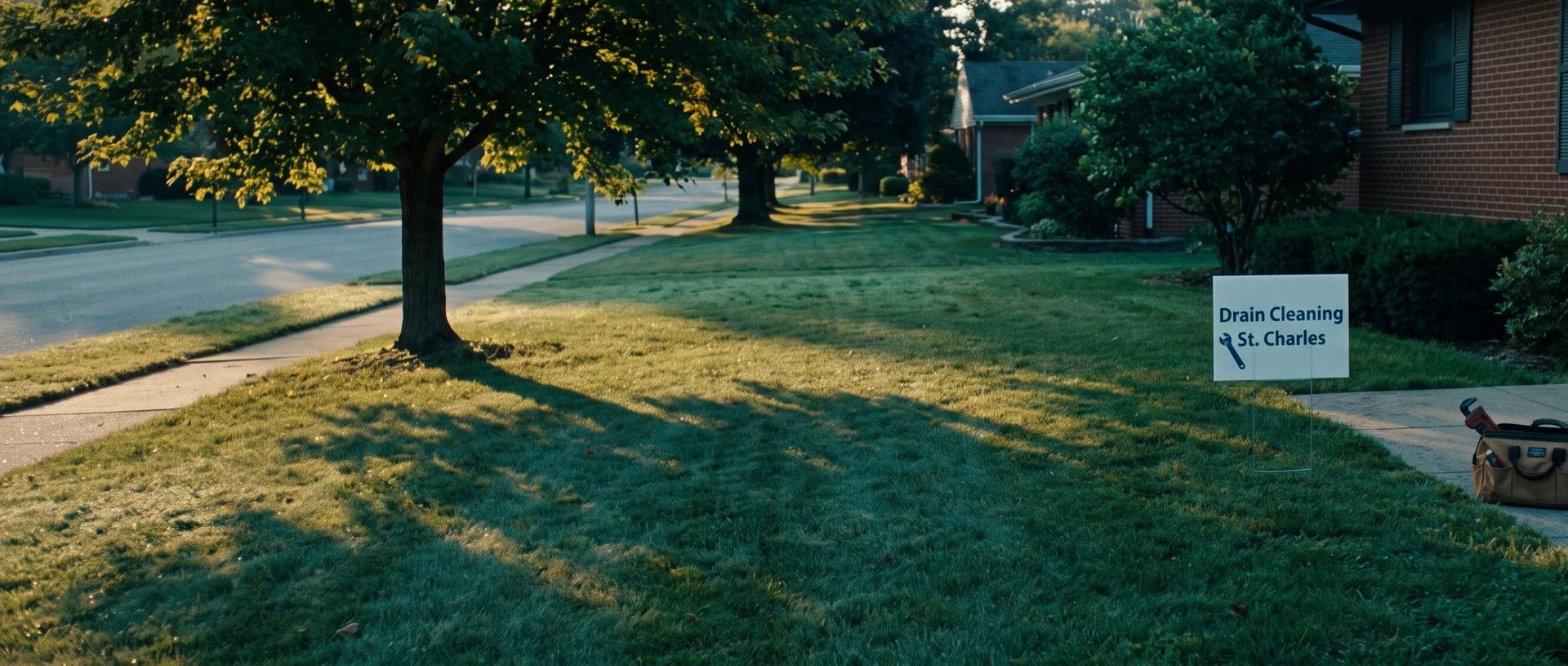 A small yard sign reading Drain Cleaning, St. Charles stands in the front lawn of a brick house, with a plumber's tool bag on the front walk