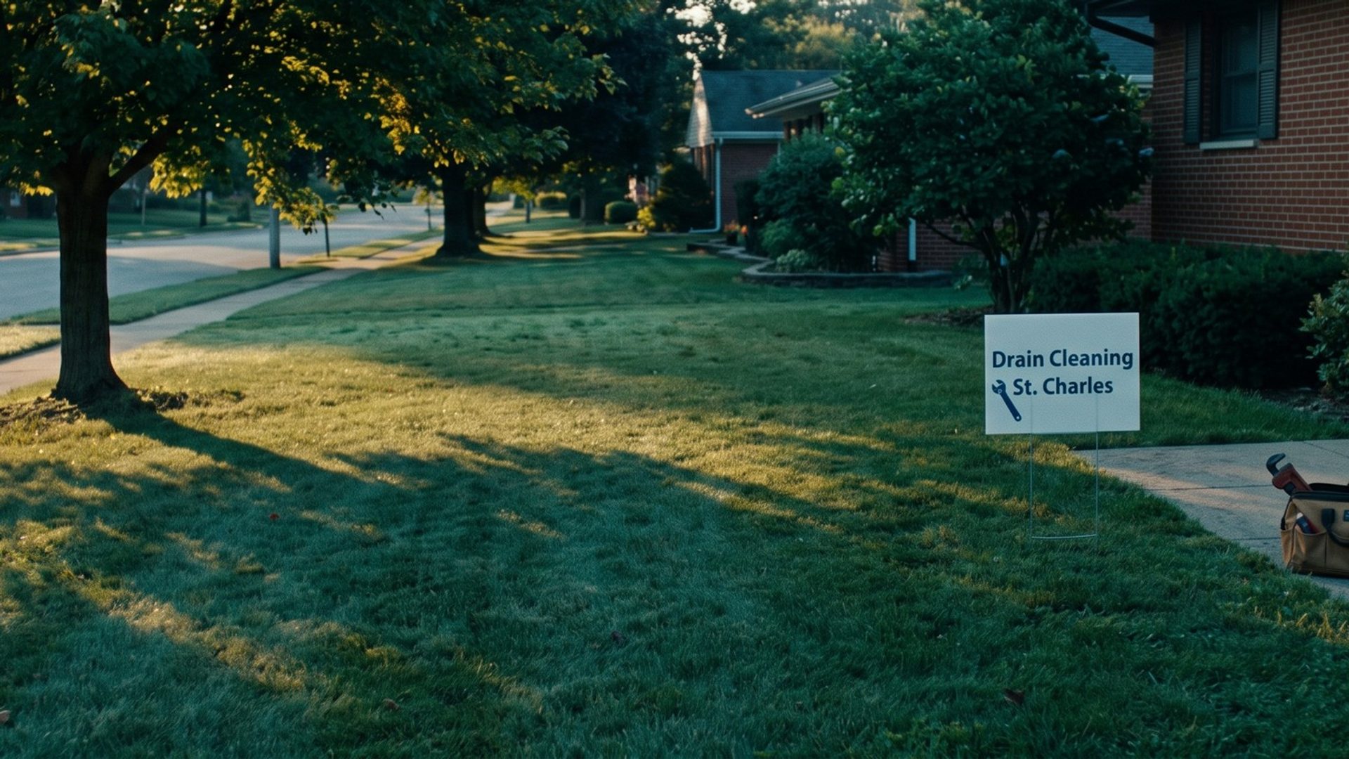 A small yard sign reading Drain Cleaning, St. Charles stands in the front lawn of a brick house, with a plumber's tool bag on the front walk