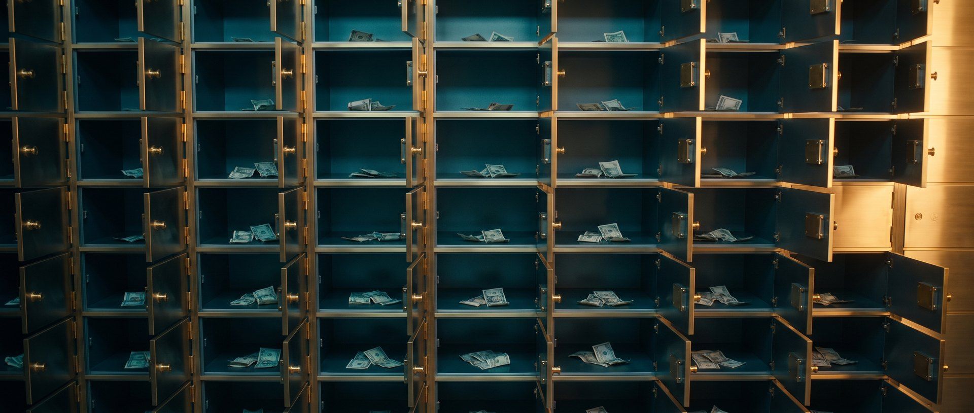 A wall of open brass safe deposit compartments, each holding only a few scattered banknotes, lit by one warm light at the edge