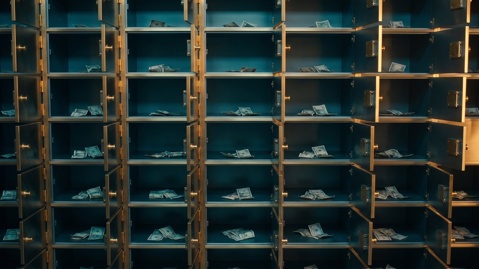 A wall of open brass safe deposit compartments, each holding only a few scattered banknotes, lit by one warm light at the edge
