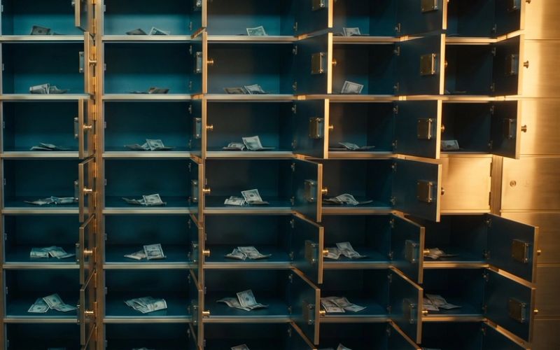 A wall of open brass safe deposit compartments, each holding only a few scattered banknotes, lit by one warm light at the edge