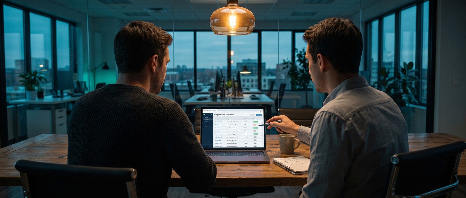Two colleagues at a conference table in a software startup office at dusk review a laptop list of Google Ads leads tagged qualified or junk