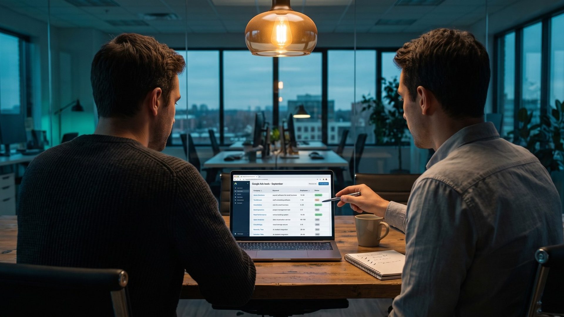 Two colleagues at a conference table in a software startup office at dusk review a laptop list of Google Ads leads tagged qualified or junk