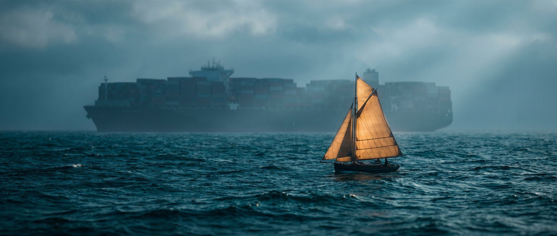 A small sailboat with an amber-lit sail cutting ahead across a moody teal sea while a huge dark container ship sits stalled in the fog behind it.