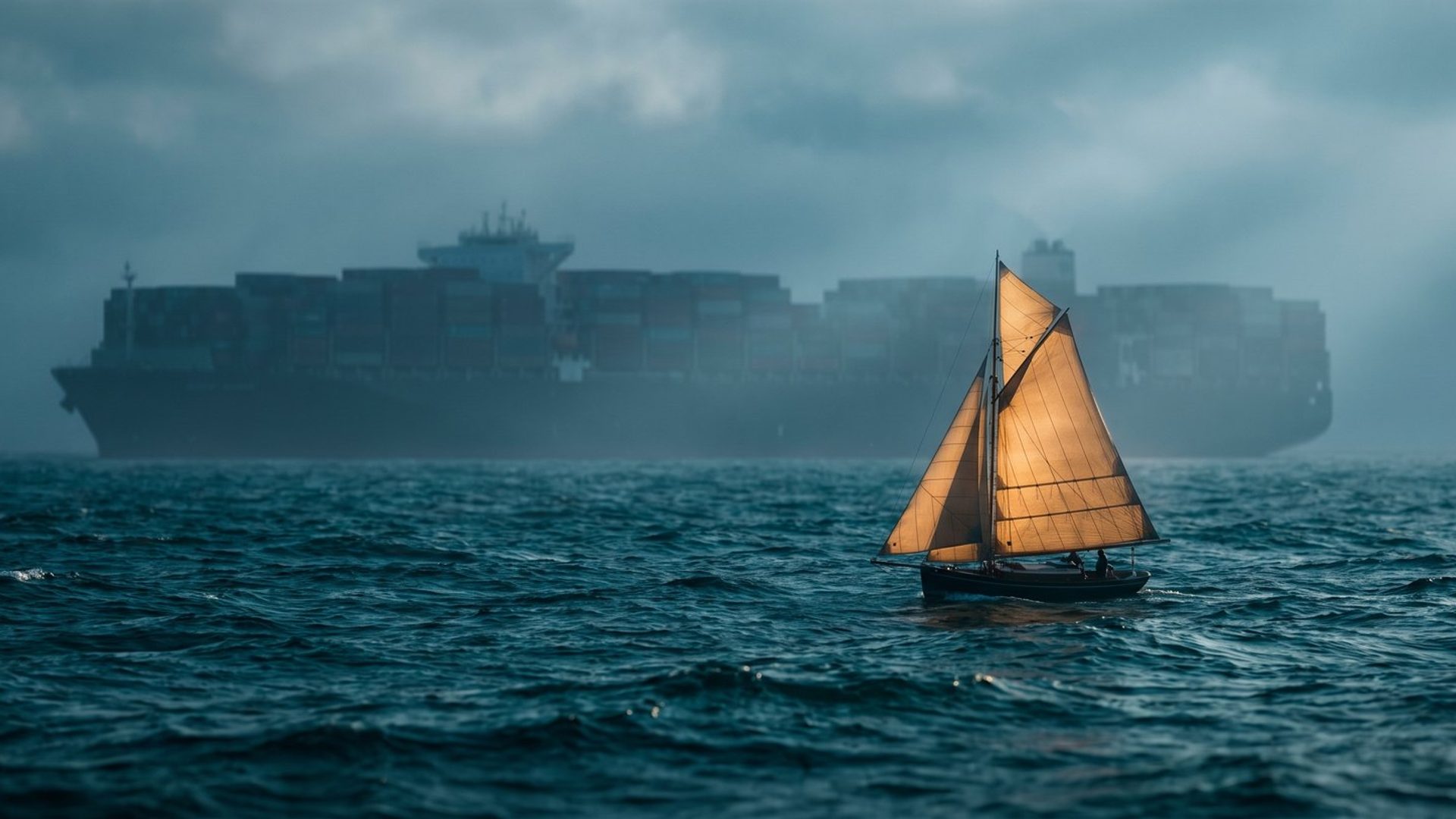 A small sailboat with an amber-lit sail cutting ahead across a moody teal sea while a huge dark container ship sits stalled in the fog behind it.