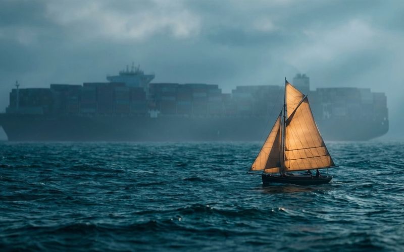 A small sailboat with an amber-lit sail cutting ahead across a moody teal sea while a huge dark container ship sits stalled in the fog behind it.