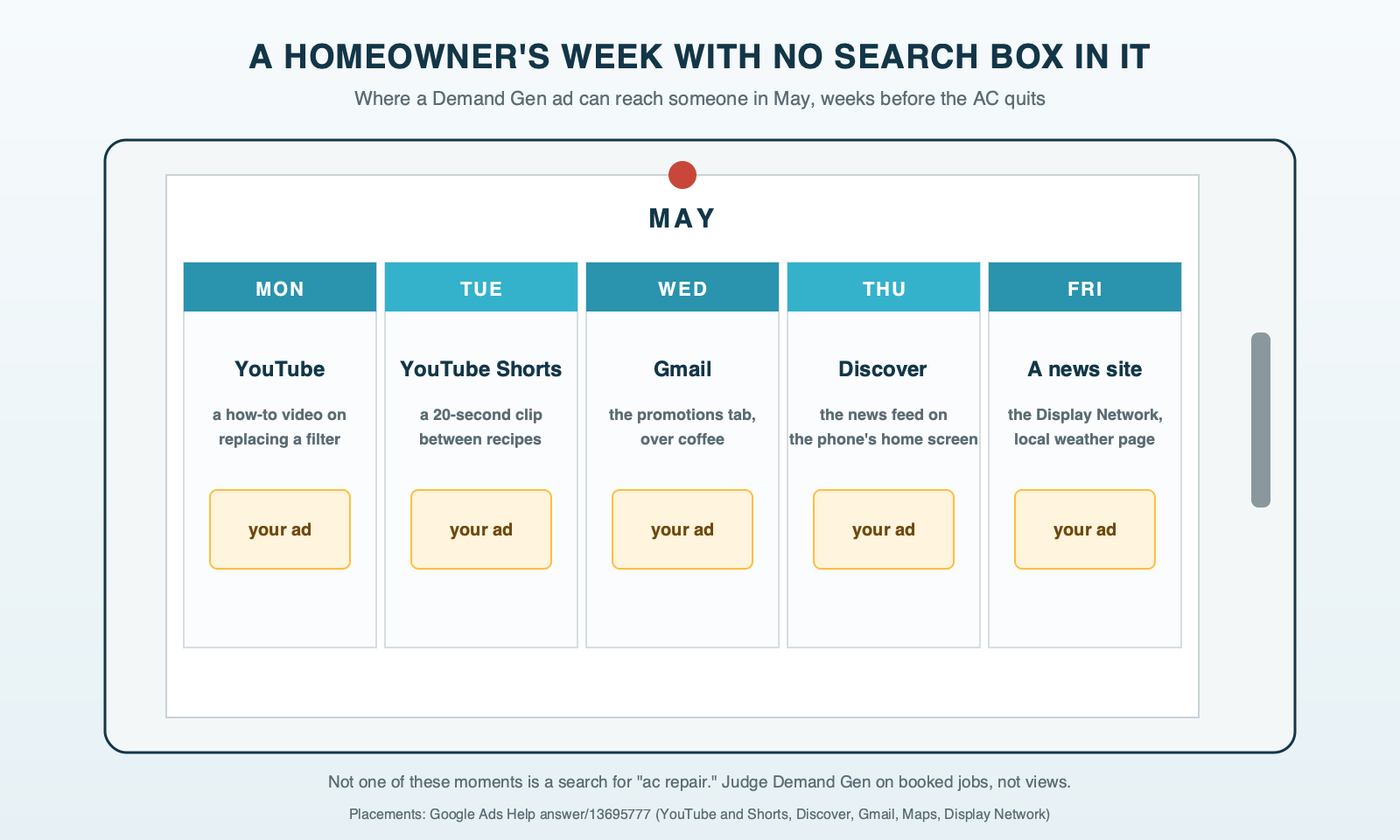 A fridge-door wall calendar for one week in May, each day noting where a Demand Gen ad could reach a homeowner before the AC quits: a YouTube how-to video, a Short, the Gmail promotions tab, the Discover feed, a local news website, with no search box anywhere in the week
