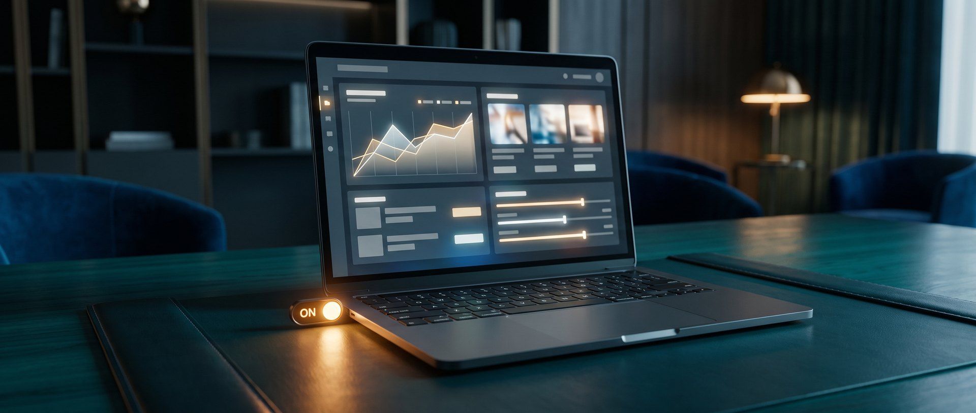An advertising campaign dashboard glowing on a screen, its controls and sliders adjusting on their own with no operator - Meta's automation running the whole campaign.
