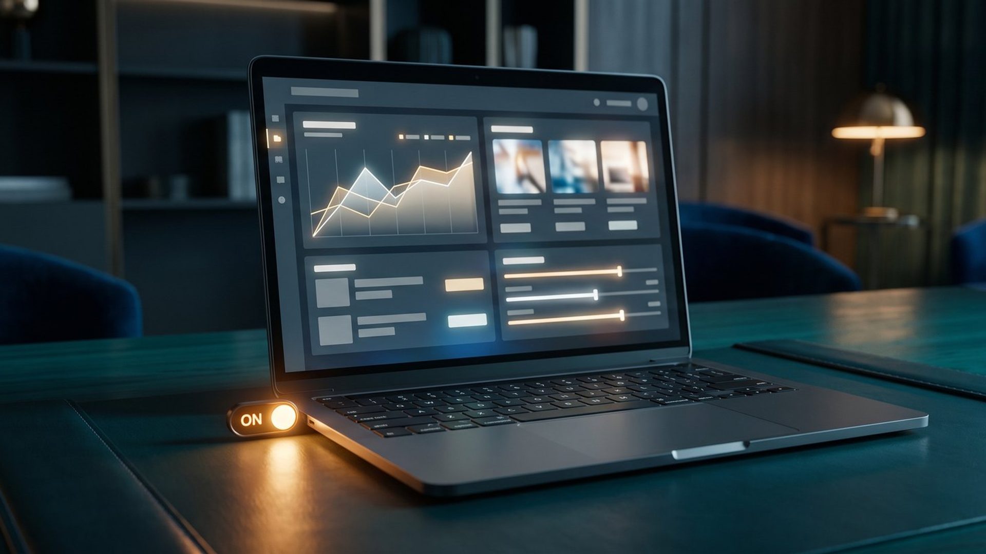 An advertising campaign dashboard glowing on a screen, its controls and sliders adjusting on their own with no operator - Meta's automation running the whole campaign.
