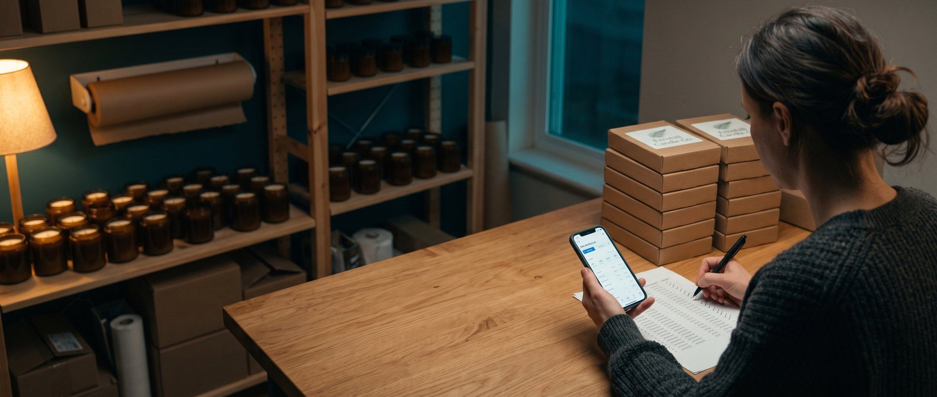 A small online candle-store owner at her packing table at night, seen over her shoulder, checking a sales report on her phone against a printed order list beside a stack of branded shipping boxes