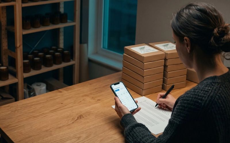 A small online candle-store owner at her packing table at night, seen over her shoulder, checking a sales report on her phone against a printed order list beside a stack of branded shipping boxes