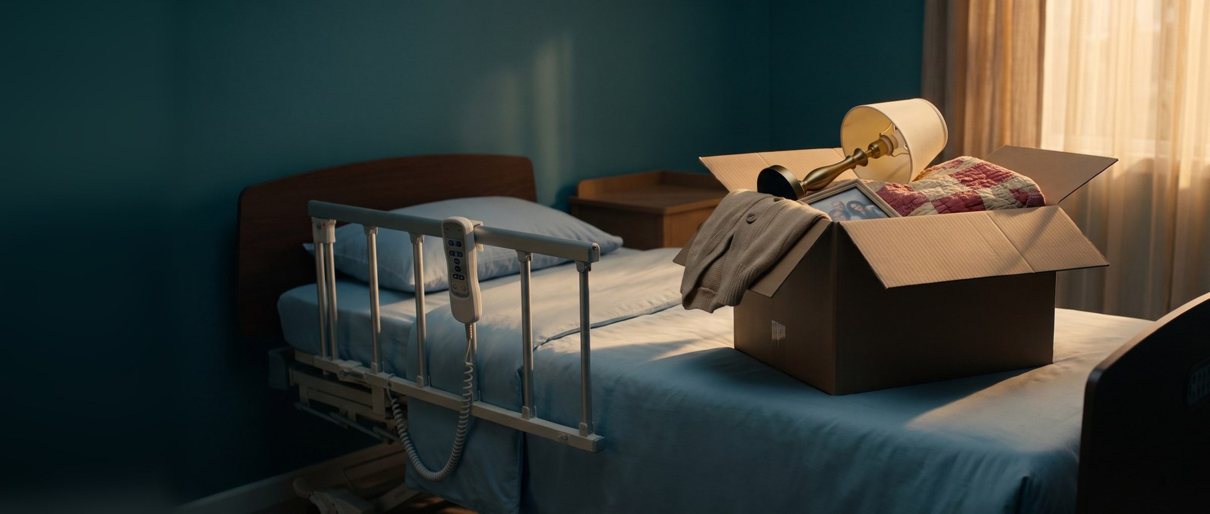 Move-in day in a nursing home room: an open cardboard box on a long-term care bed holding a patchwork quilt, a brass lamp on its side, a framed family photo and a cardigan, with the bed rail and handheld control beside it in late afternoon sun
