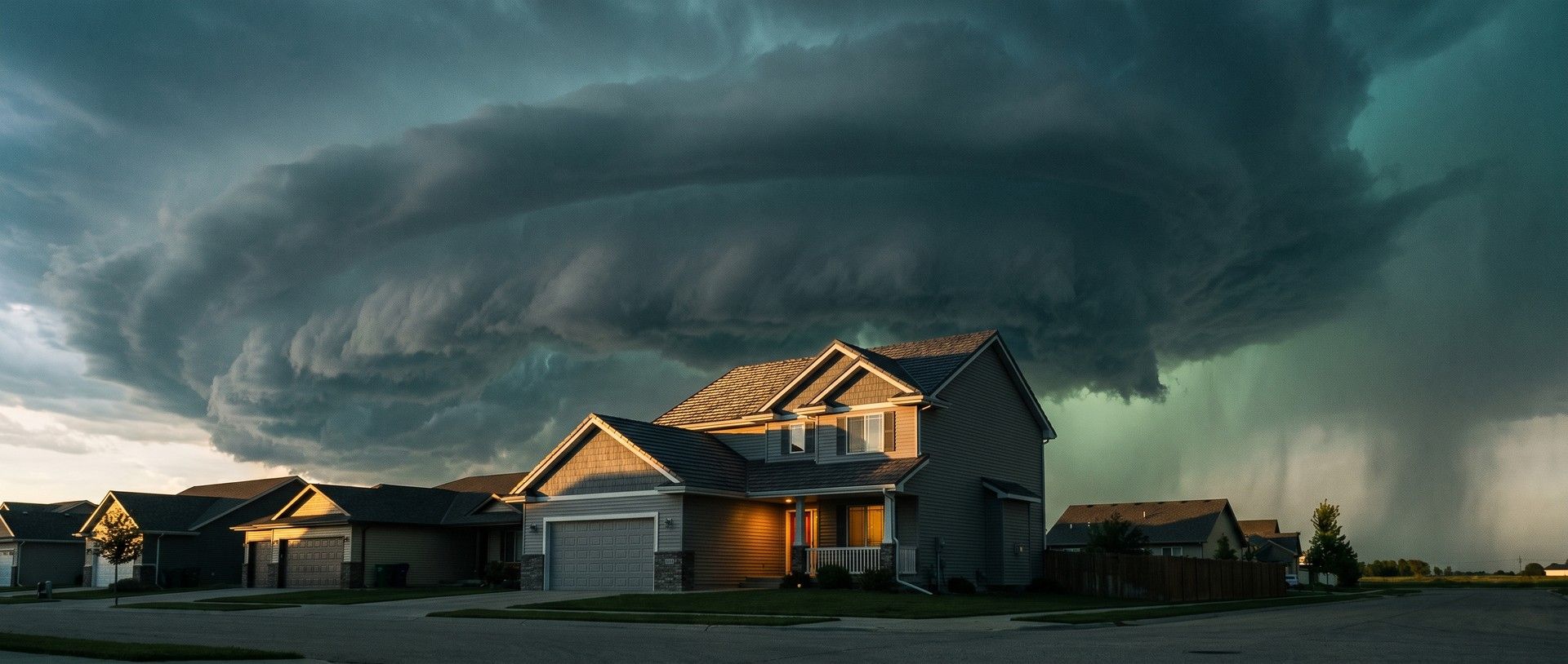 A two-story suburban house with its shingled roof lit gold by low evening sun, a porch light on, under an enormous layered hail storm with a green-tinged curtain of hail falling at right