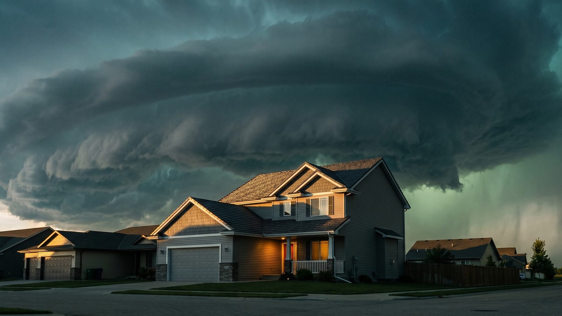 A two-story suburban house with its shingled roof lit gold by low evening sun, a porch light on, under an enormous layered hail storm with a green-tinged curtain of hail falling at right
