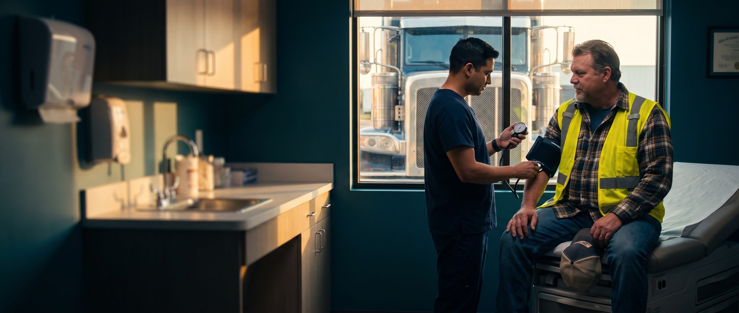 In a morning-lit exam room, an examiner takes a truck driver's blood pressure as he sits relaxed on the exam table in a hi-vis vest, with his semi truck parked right outside the window