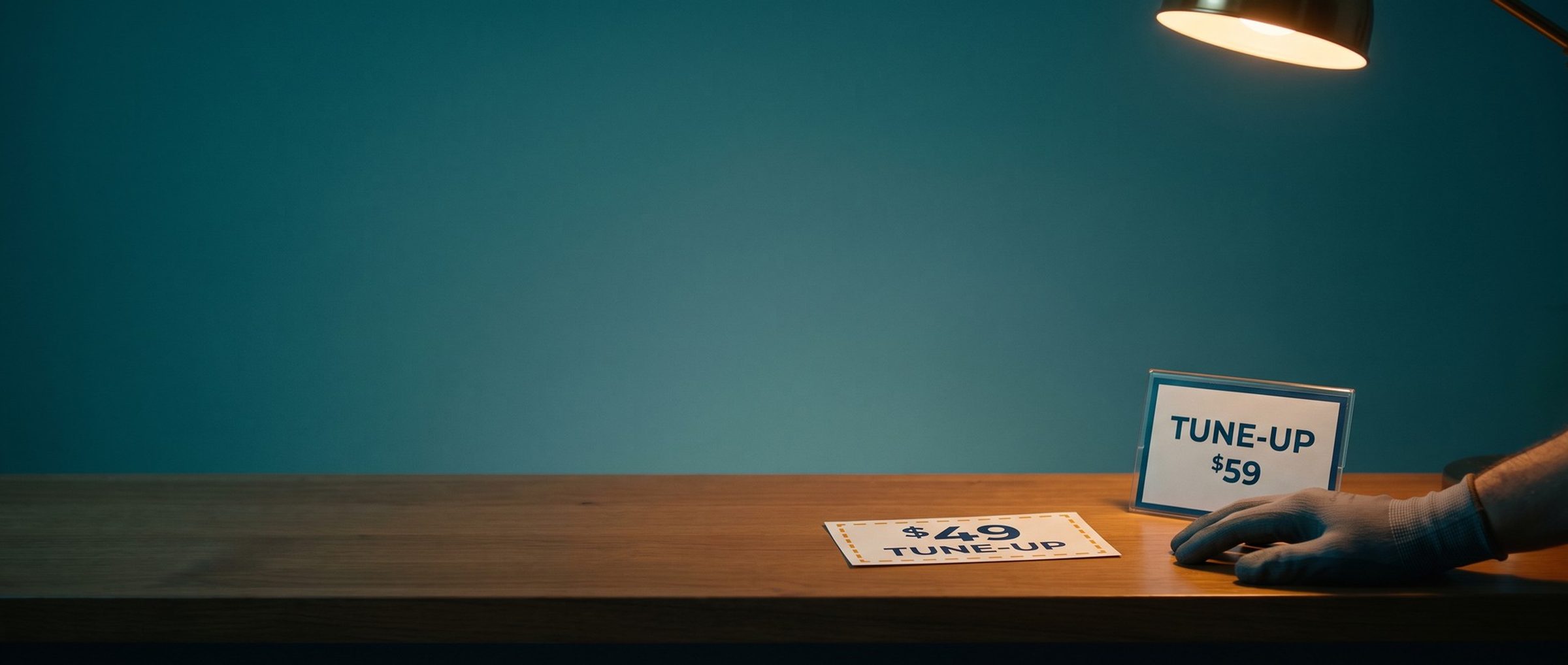 A small coupon reading $49 tune-up lying on an HVAC office counter beside a small acrylic counter sign reading tune-up $59, a gloved hand next to the sign