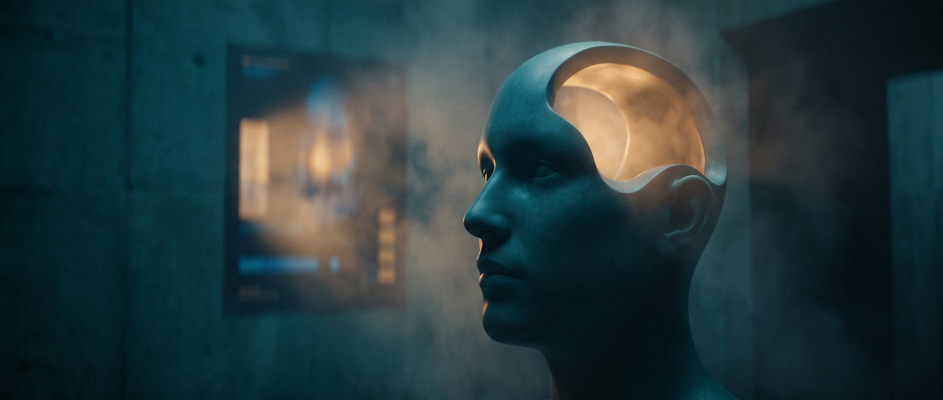 A sculpted mannequin head in profile, its open crown glowing with warm light, in a dim teal room beside a blurred ad poster.