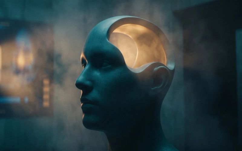 A sculpted mannequin head in profile, its open crown glowing with warm light, in a dim teal room beside a blurred ad poster.