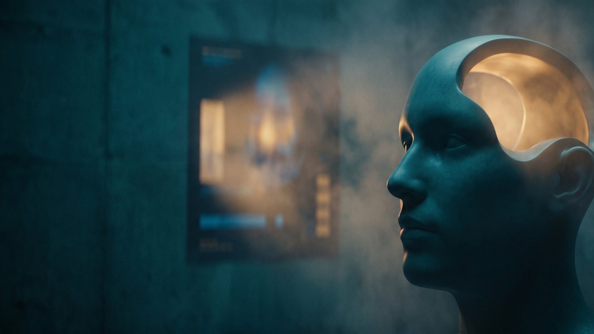A sculpted mannequin head in profile, its open crown glowing with warm light, in a dim teal room beside a blurred ad poster.