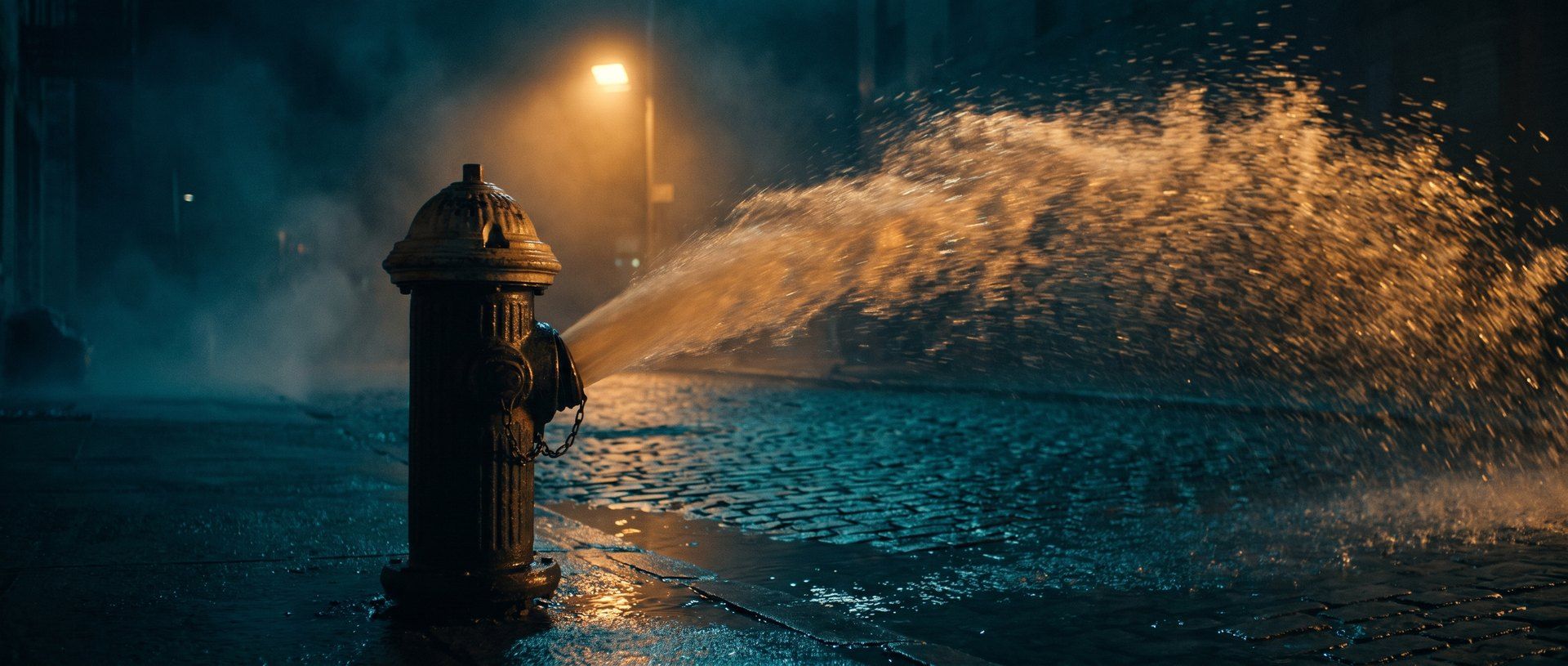 A fire hydrant gushing a wide, uncontrolled spray of water across a dark night street, lit amber - money spraying wide with nothing to steer it, the way broad match spends when it's left on the default.