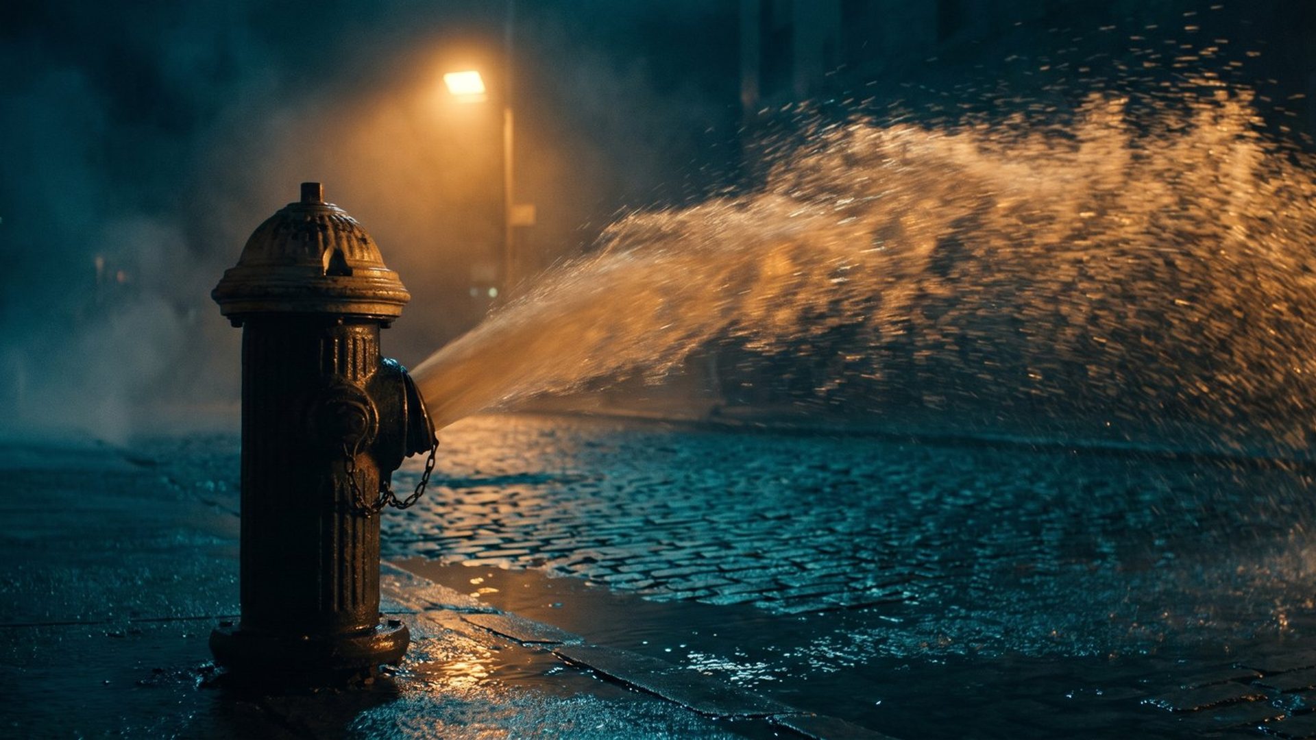 A fire hydrant gushing a wide, uncontrolled spray of water across a dark night street, lit amber - money spraying wide with nothing to steer it, the way broad match spends when it's left on the default.