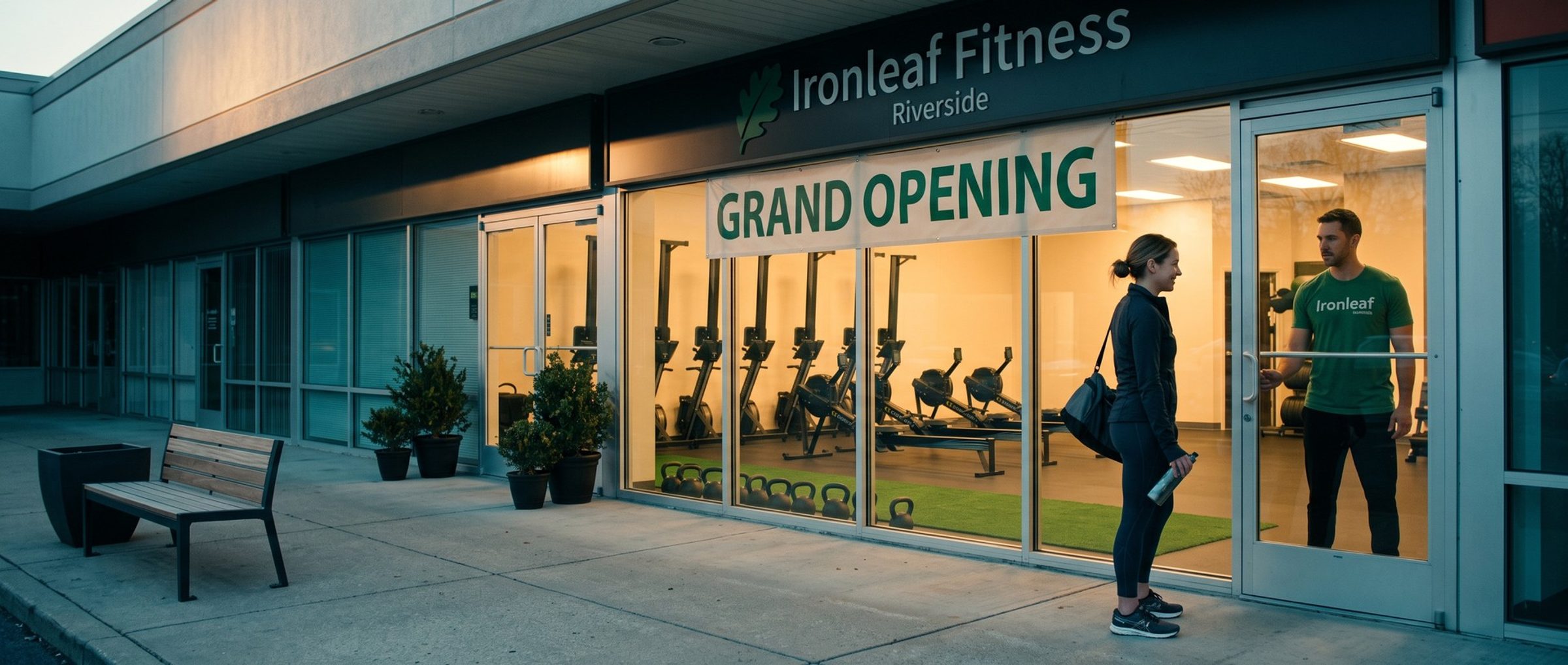 On opening morning a woman with a gym bag waits at the glass door of a new fitness studio under a Grand Opening banner while a coach in a green T-shirt opens it from inside