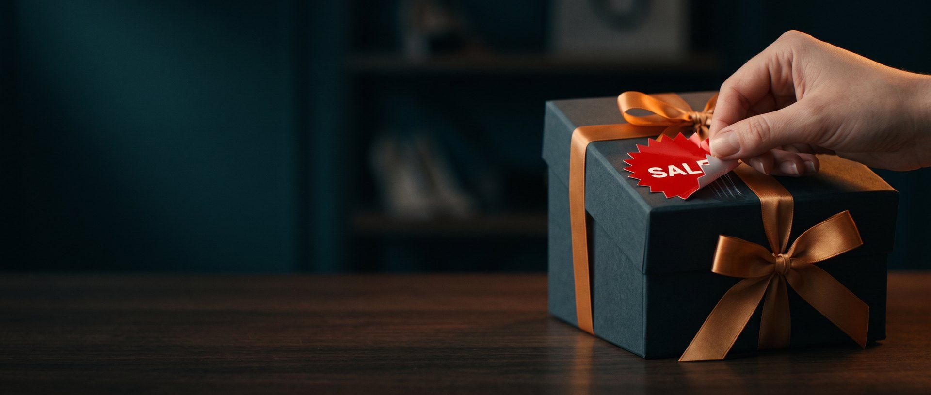 A hand peels a red starburst SALE sticker off the lid of a charcoal gift box tied with an amber satin ribbon, on a walnut table in warm light
