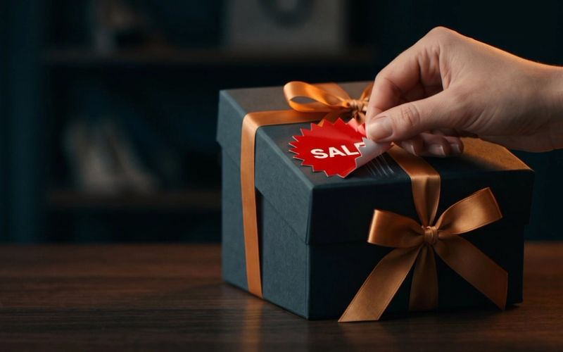 A hand peels a red starburst SALE sticker off the lid of a charcoal gift box tied with an amber satin ribbon, on a walnut table in warm light