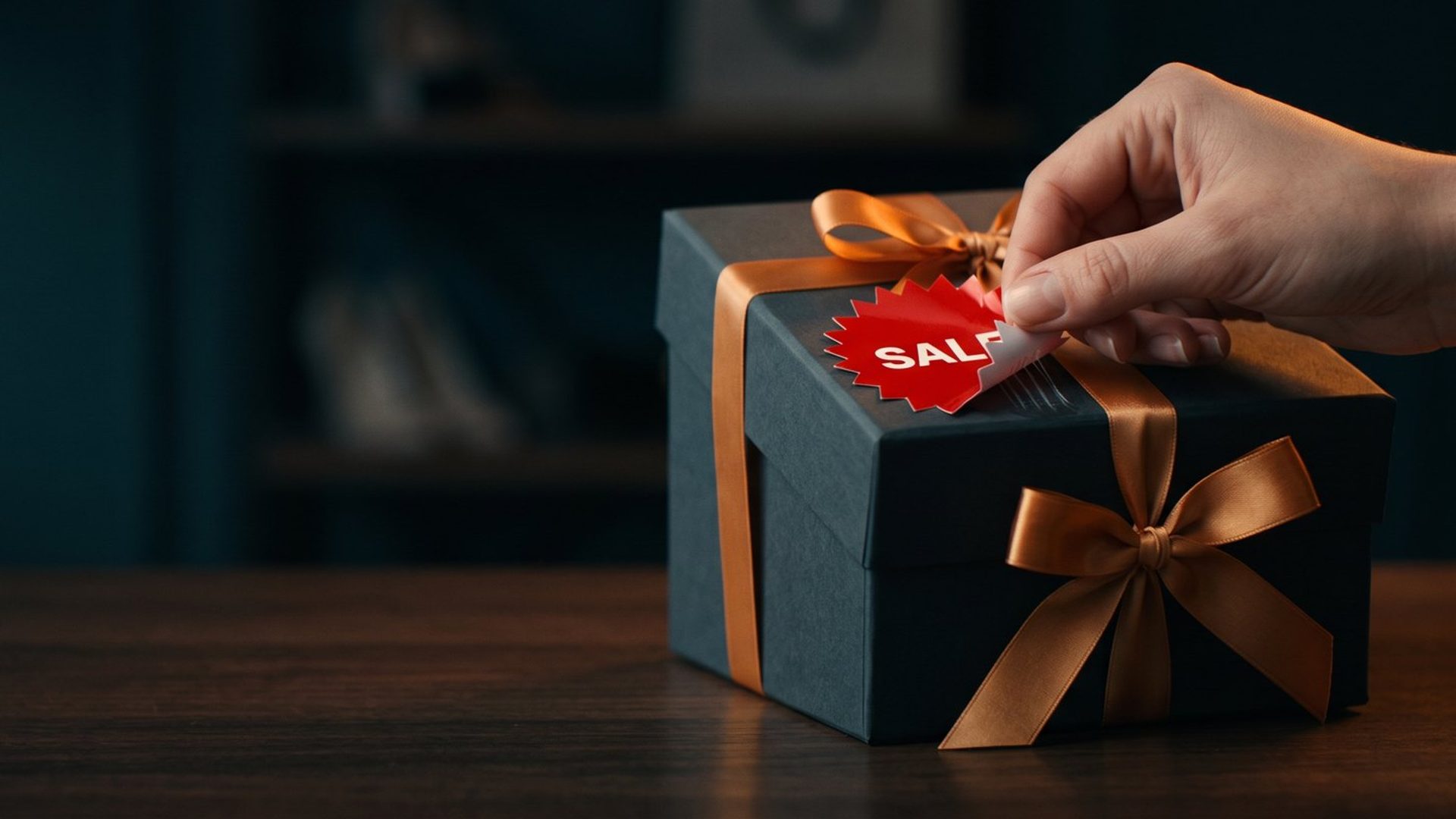 A hand peels a red starburst SALE sticker off the lid of a charcoal gift box tied with an amber satin ribbon, on a walnut table in warm light