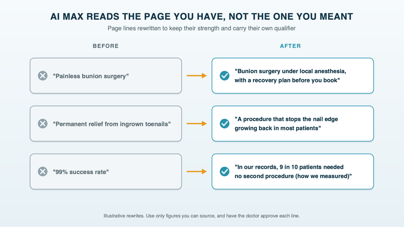 Before-and-after rewrites of podiatry page lines: Painless bunion surgery becomes bunion surgery under local anesthesia; permanent relief becomes a procedure that stops the nail edge growing back in most patients; 99 percent success becomes a sourced figure with its definition