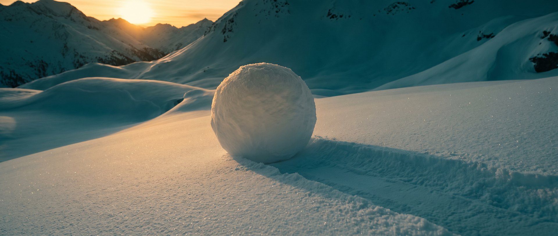 A large snowball resting on a snowy slope at sunset, a rolled track in the snow behind it, mountains glowing amber in the distance.