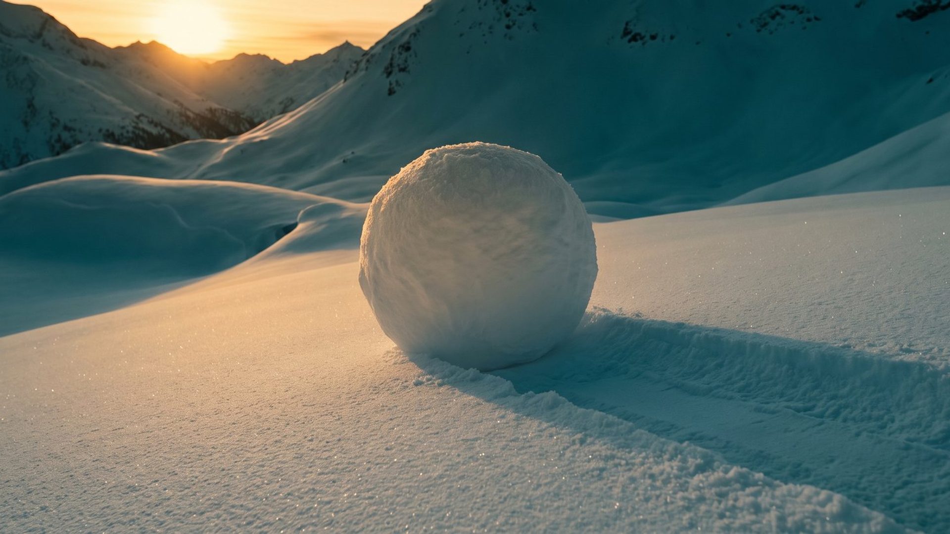 A large snowball resting on a snowy slope at sunset, a rolled track in the snow behind it, mountains glowing amber in the distance.